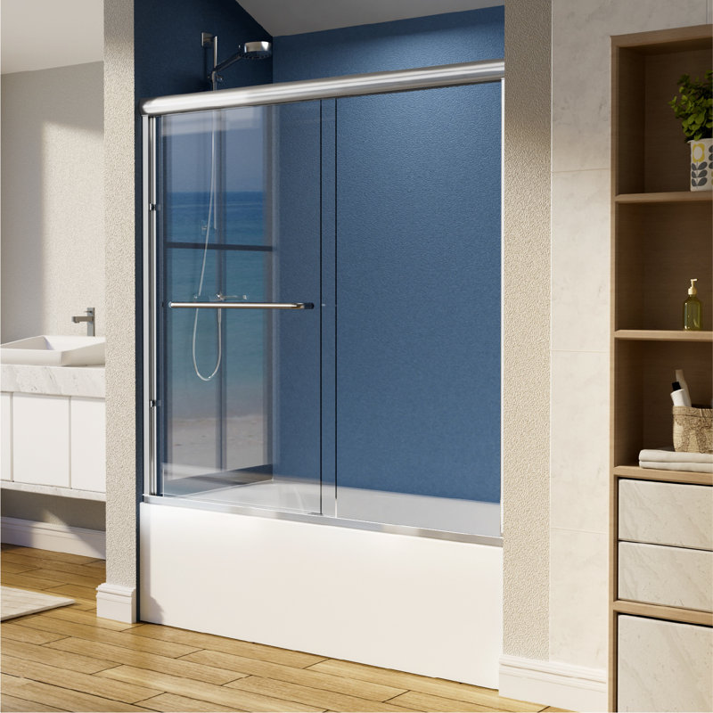 55'' - 59" W x 56'' H Double Sliding Semi-Frameless Tub Door With Clear Tempered Glass, Chrome