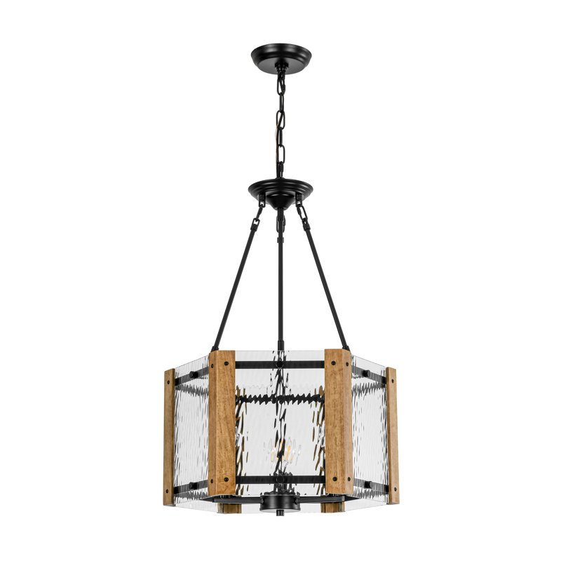 Lustre tambour en bois naturel et métal noir 3 lumières Fortun, Trois lumières