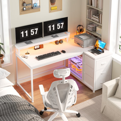 Small Home Office L Shaped Computer Desk With 3 Drawers & Led Lights & Power Outlet & Monitor Stand by Wrought Studio