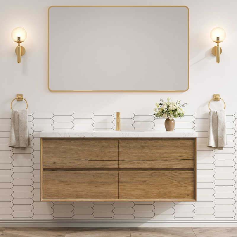 48 Inch Wall-Mounted Bath Vanity  With Engineered Marble Top, Natural wood