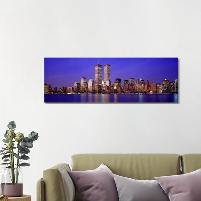 Buildings At The Waterfront Lit Up At Dusk, World Trade Center, Wall Street, Manhattan, New York City, New York State, USA - Wrapped Canvas Panoramic Print