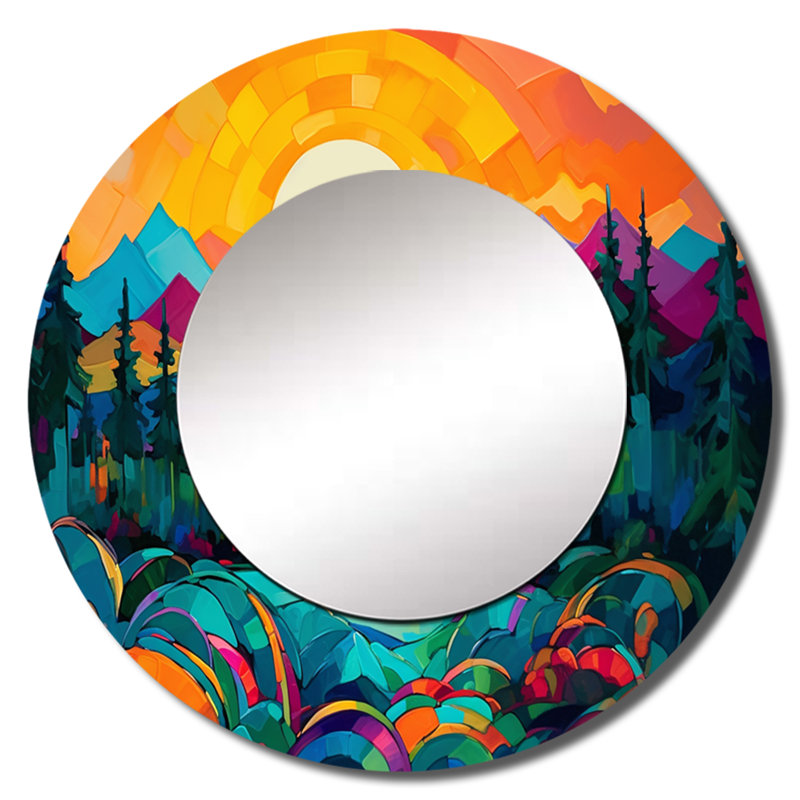 Haashir Vibrant Sunset Shining Over Mountains II - Mountains Decorative Mirror, Orange Wall Mirror, Printed Metal Art, Round