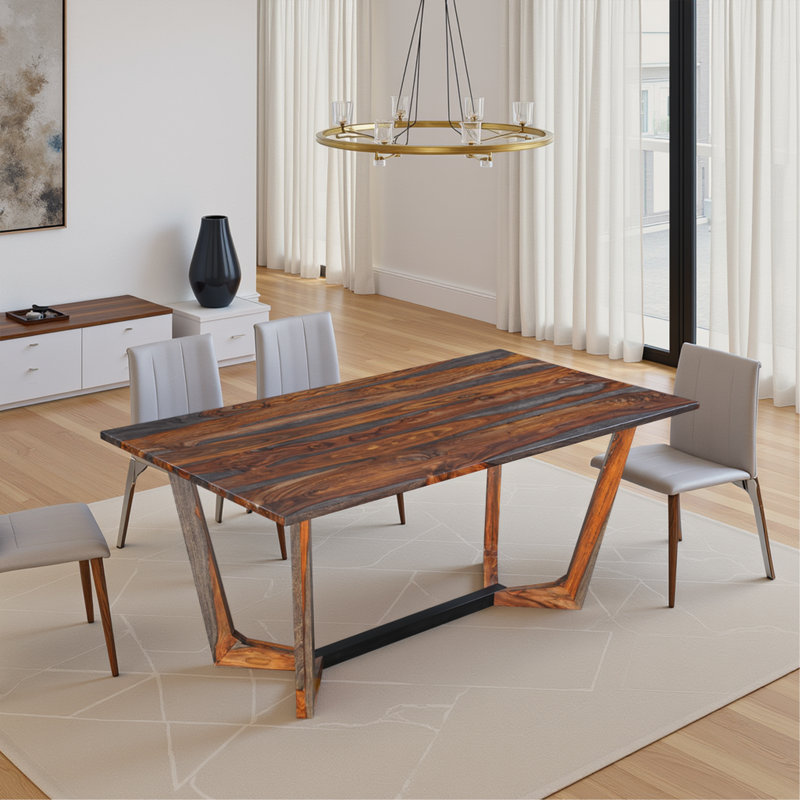 Myra  Dining Table, 67" Rectangular Top In Walnut Brown Sheesham Wood, Black Metal Base