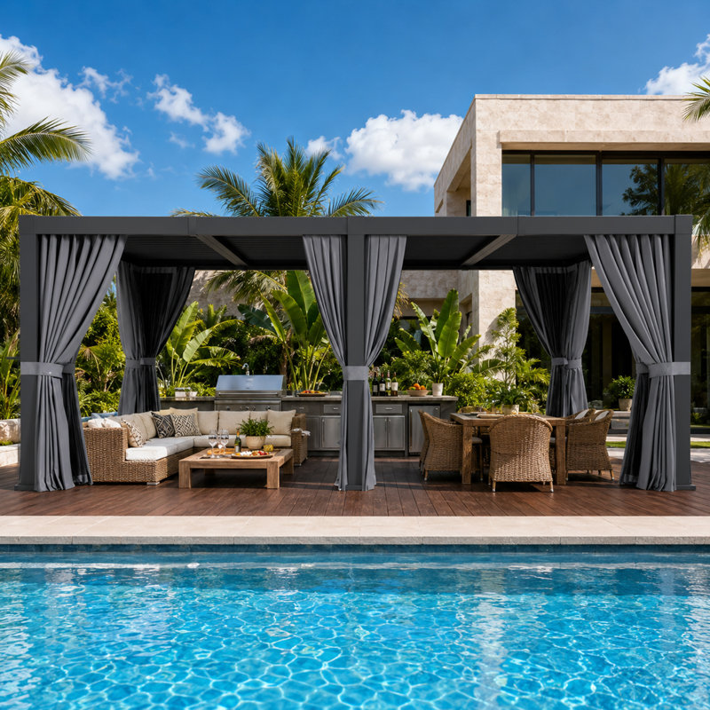 Pergola extérieure en aluminium de 6 m x 3,6 m avec toit à lames orientables, système de gouttières intégré, moustiquaire et rideaux