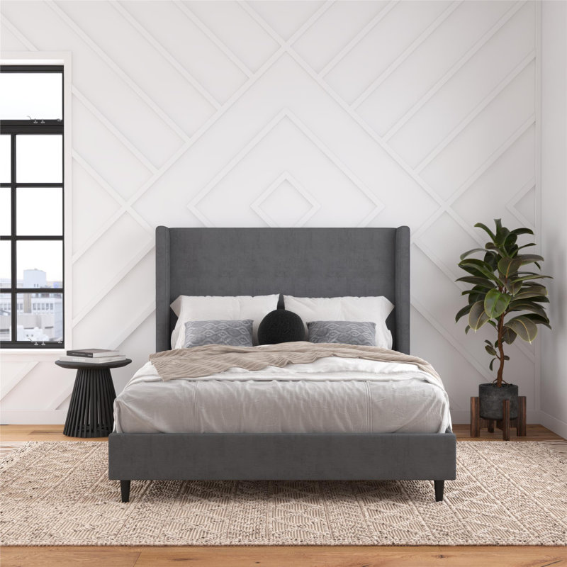 Ana Upholstered Wingback Bed, Dark Gray Velvet, Queen