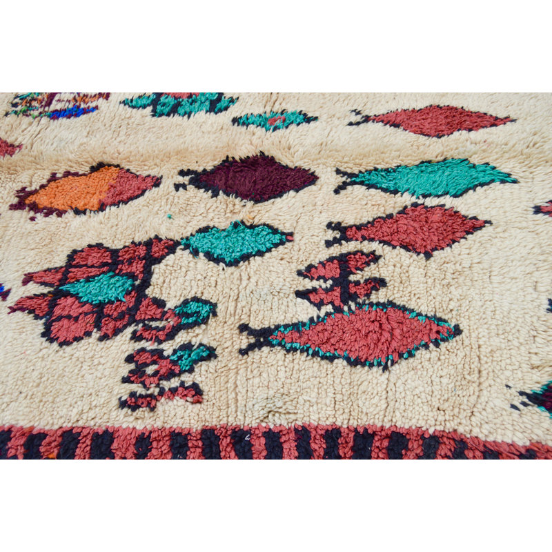 Tapis unique bleu, rouge, beige et orange des années 1980 de 4 pi 8 po x 8 pi 2 po