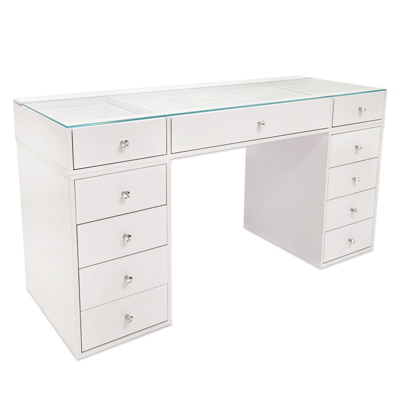SlayStation Naomi Vanity Desk with Clear View Glass Top, Makeup Table with 3 Drawers Unit, White