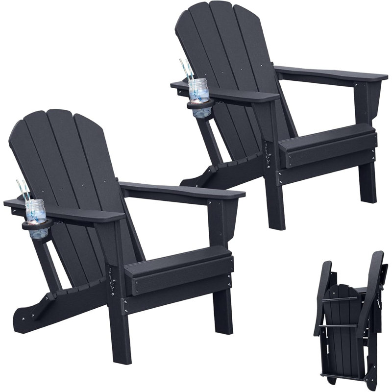 Durable Hdpe Adirondack Chairs Set, Foldable With Cup Holder, Ideal For Patio