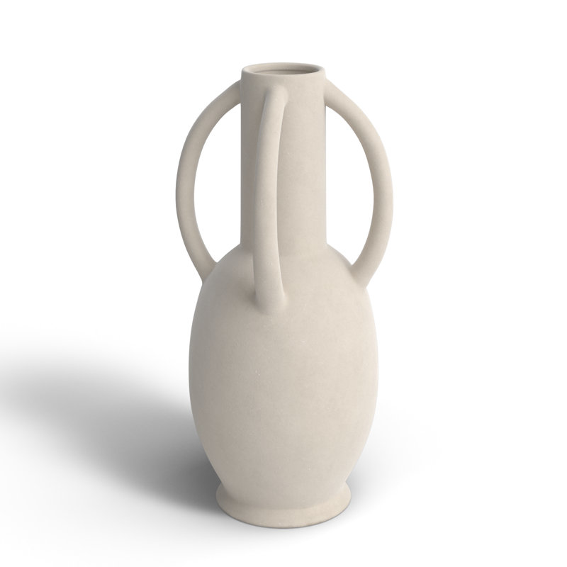 Ceramic Textured Decorative Vase with 4 Handles, Cream, 13.95" H x 13.95" W x 13.95" D