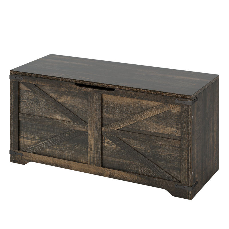 Farmhouse Wooden Storage Box Trunk Bench Chest, With Safety Hinge For Entryway Bedroom Living Room, Brown