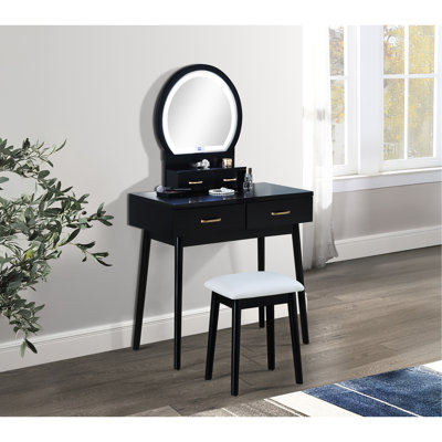 3pc Black Vanity Table And Stool , Built-in Led Mirror, Gold-accented Handles, Cushioned Stool, Spacious Drawers Upper Shelf, 31.3"x15.8"x30"h Table, 19.5"x23.8"h 14"x10.5"x18.8"h In Modern Style,