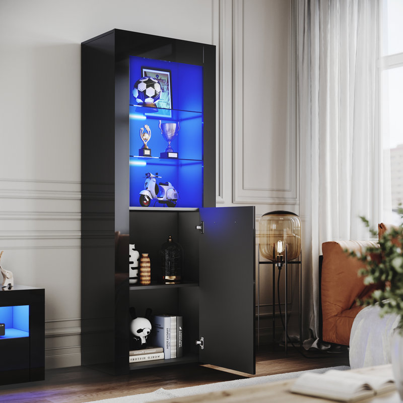 165*60*35cm Large Display Cabinet with RGB Colour Variations and Tempered Glass Shelves, Black