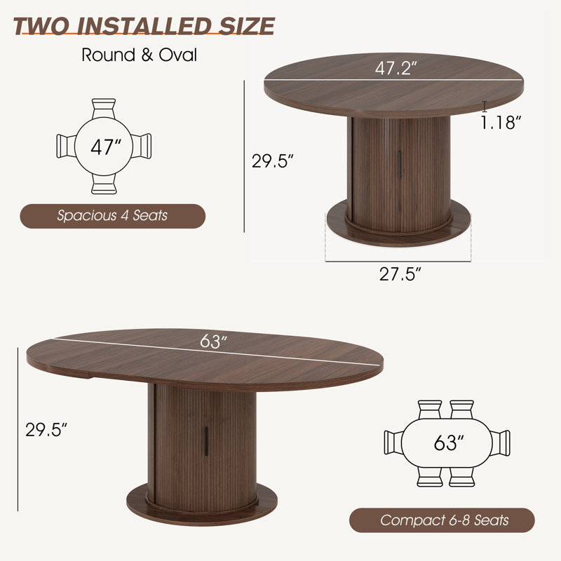 Table de salle à manger extensible de 47 à 63 po pour 4 à 8 personnes, table de salle à manger ovale avec rangement, table de salle à manger à piédestal moderne Mid-Century, brun noyer