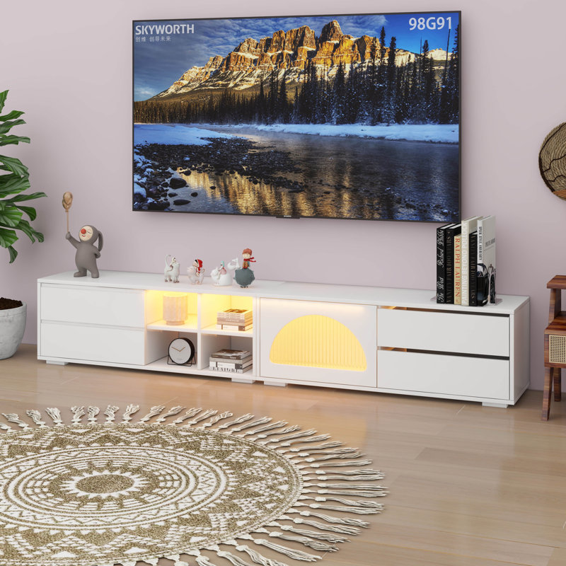 Meuble télé moderne à DEL, console multimédia avec porte en verre cannelé et 2 tiroirs, Blanc