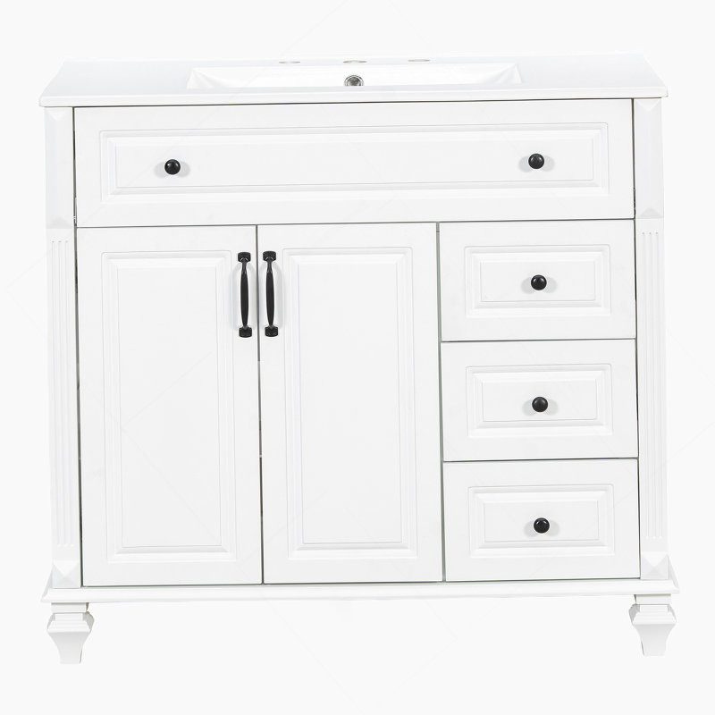 Meuble-lavabo de 36 po avec lavabo, armoire de salle de bain en bois massif blanc avec tiroir rabattable, 3 tiroirs et 2 portes, conception élégante avec poignées en métal noir, meuble-lavabo moderne en bois aggloméré pour le rangement de la salle de bain