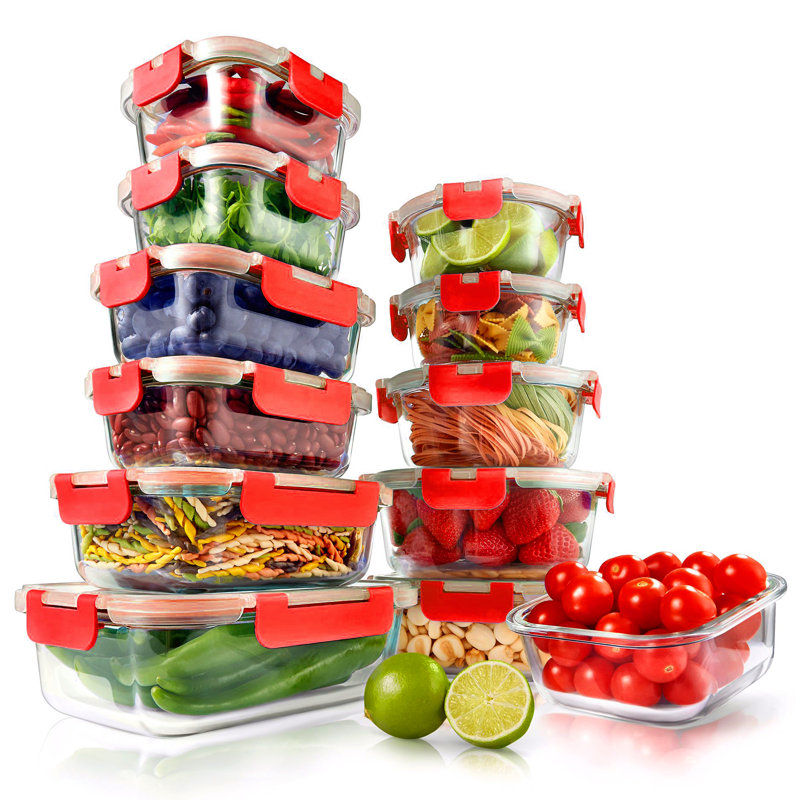 Ensemble de 24 contenants alimentaires innovants à charnières empilables, Rouge
