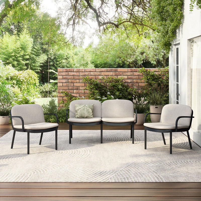 Patio d'extérieur 3 pièces, coussin en polypropylène noir, coussin beige, confortable, nécessitant peu d'entretien et antirouille, siège léger, respirant, facile à assembler
