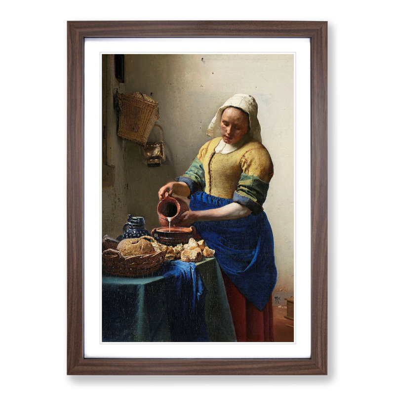 The Milkmaid by Johannes Vermeer - Picture Frame Painting, Walnut Framed, 48cm H x 36cm W x 2cm D