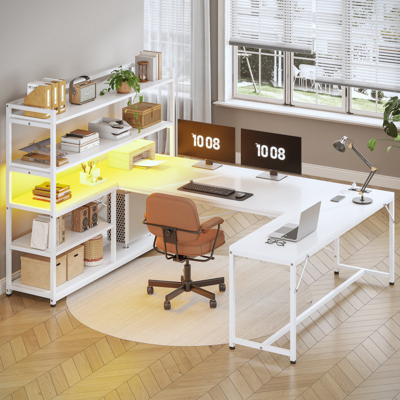 Bureau d'ordinateur 63 po réversible avec prise de courant DEL et tablettes de rangement, Blanc / blanc
