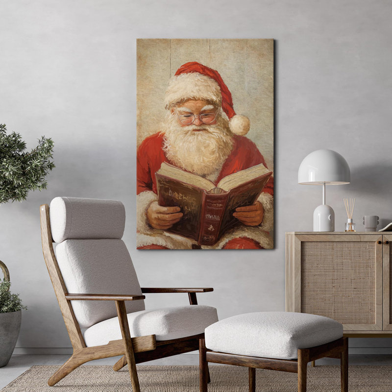 Rouge, père Noël, lecture d'un livre, père Noël traditionnel, décor, illustration, art moderne, chaleureux, H 36 po x l 24 po