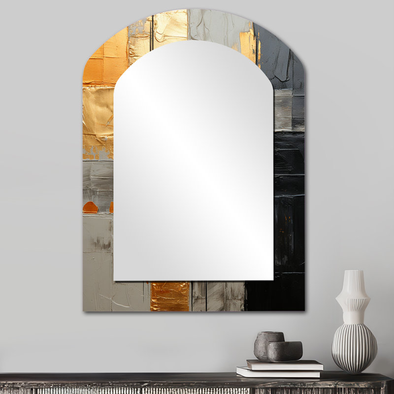 Gold Grey Gleaming Geometry I - Abstract Collages Asymmetrical Decorative Wall Mirror, Gold Arch Large Mirror, Printed Metal Art
