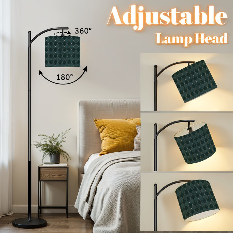 Lampe sur pied à arc avec abat-jour réglable en forme de losange à losanges vert et bleu, lampe sur pied à 3 températures de couleur à intensité variable avec interrupteur au pied pour la chambre à coucher