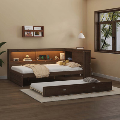 Full Size Wood Daybed with Storage Shelves, USB, LED, and Trundle