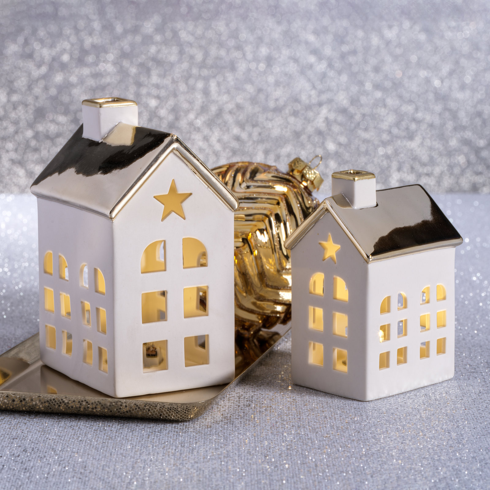 2-Piece Lighted Porcelain Village House Set, 5.5" H x 4" W x 3" D, Gold/White