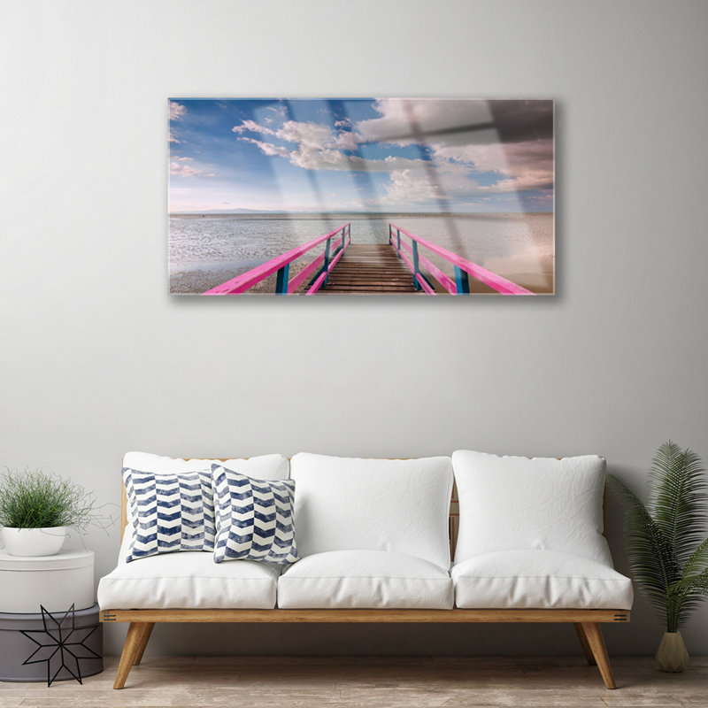 Glass Print Wall Art 100X50cm Image Printed On Glass Decorative Wall Picture Behind Toughened / Tempered Safety Real Glass For Kitchen & Living Room Theme: Bridge Sea Architecture