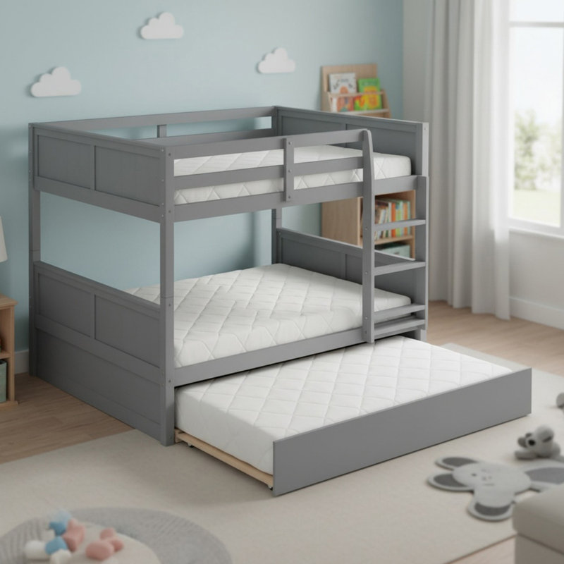 Lit superposé double au-dessus de double en bois massif avec lit gigogne simple pour garçons et filles, Grey