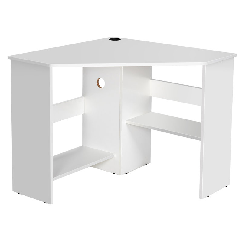 White Compact Corner Computer Desk with Storage Shelves