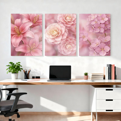 Ensemble de 3 tableaux sur toile à motifs floraux roses (lys et fleurs de cerisier) pour la décoration du salon et de la chambre.