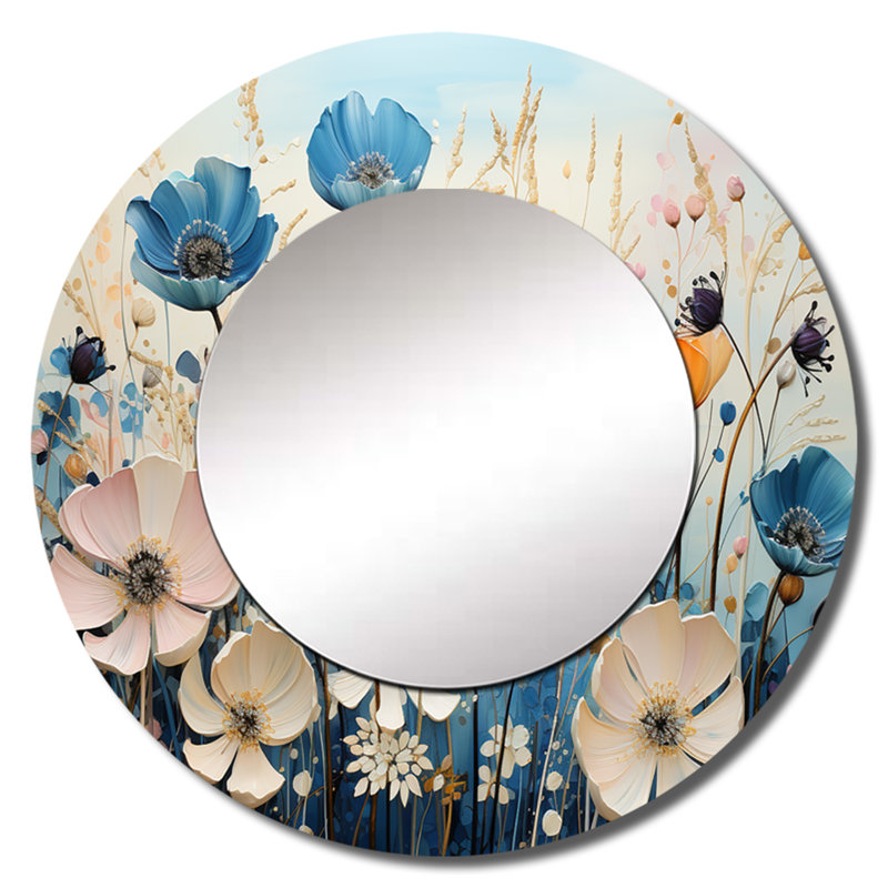 «Meadow Whimsical Meadowscape Pointillism», décor de miroir mural unique prairie, grand miroir rond traditionnel, impression d'art en métal