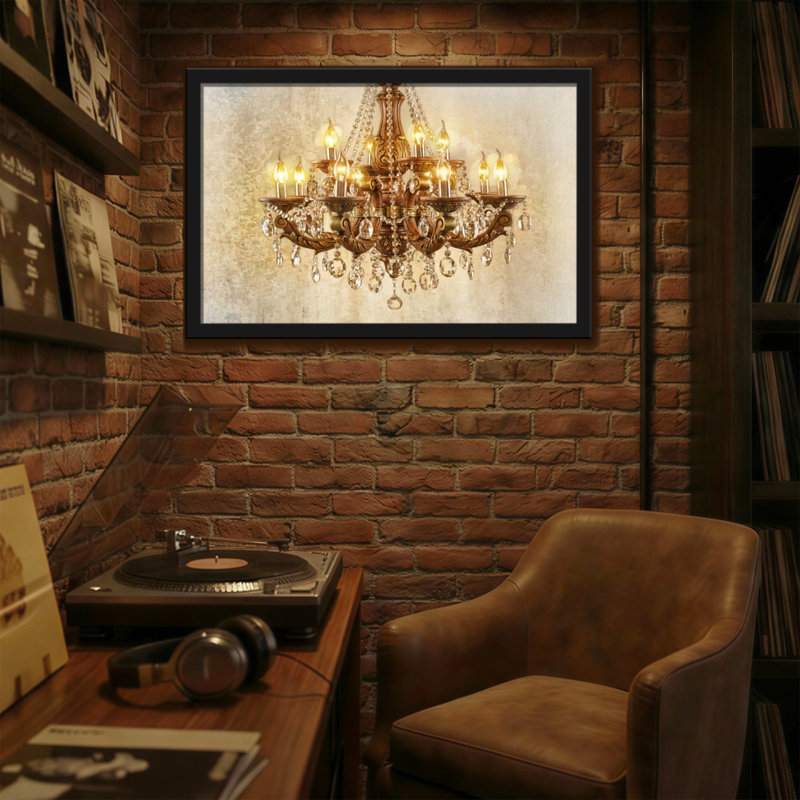 Lustre à la mode et lumières en cristal sur fond rétro, impression d'art décoratif élégant, H 24 po x l 36 po