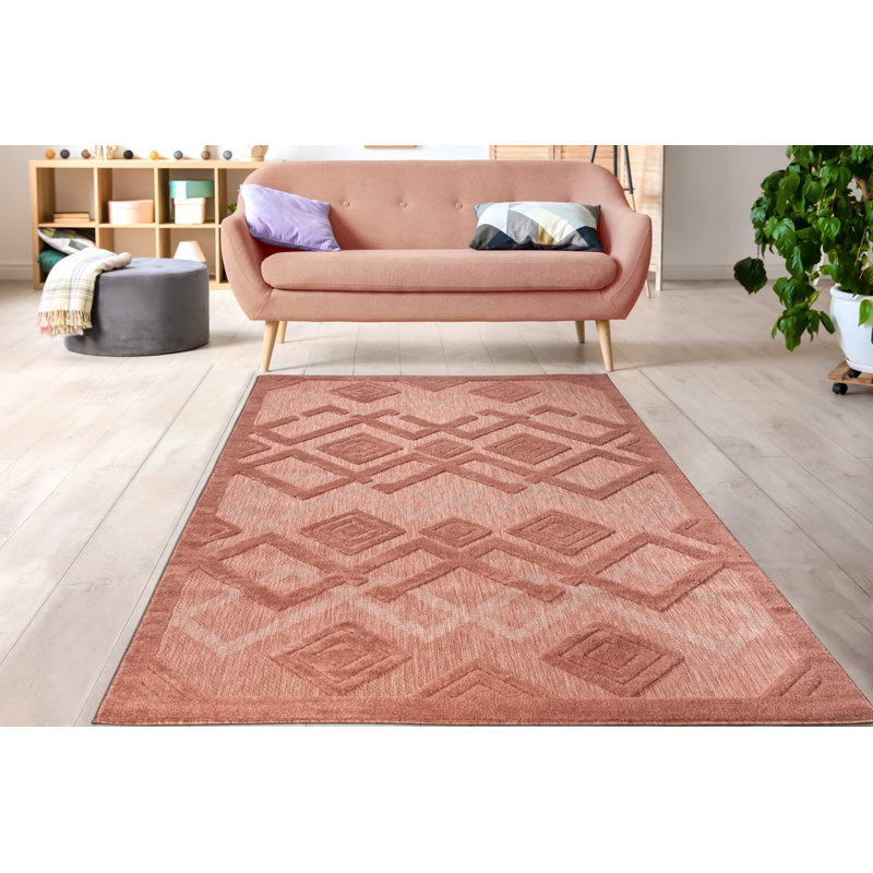 Tapis extérieur géométrique moderne et contemporain pour le salon - rouge saumon, Rectangle 6 pi 7 po x 9 pi 2 po