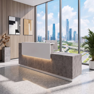 Comptoir d'accueil moderne de 220 cm avec tiroir verrouillable et prises intégrées, idéal pour caisse, salon de coiffure, bureau ou service à la clientèle.
