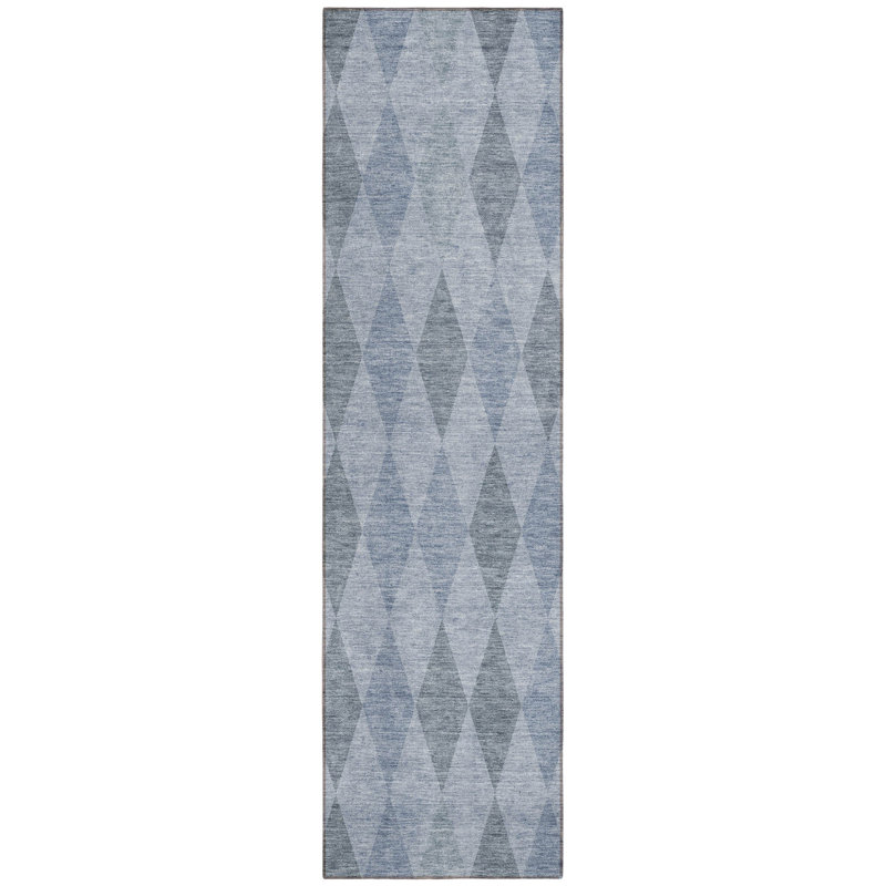8' Runner Denim Blue Geometric Washable Non Skid Indoor Outdoor Runner Rug