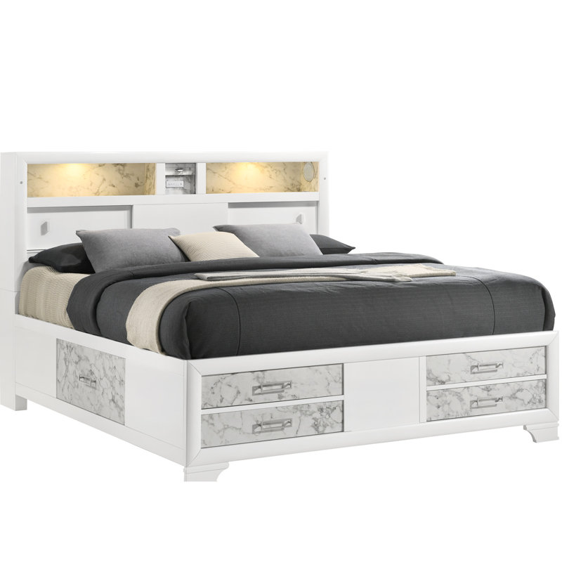 Contemporain, lit double, bois blanc, accents de marbre, éclairage de la tête de lit, option technique moderne, fonction intégrée