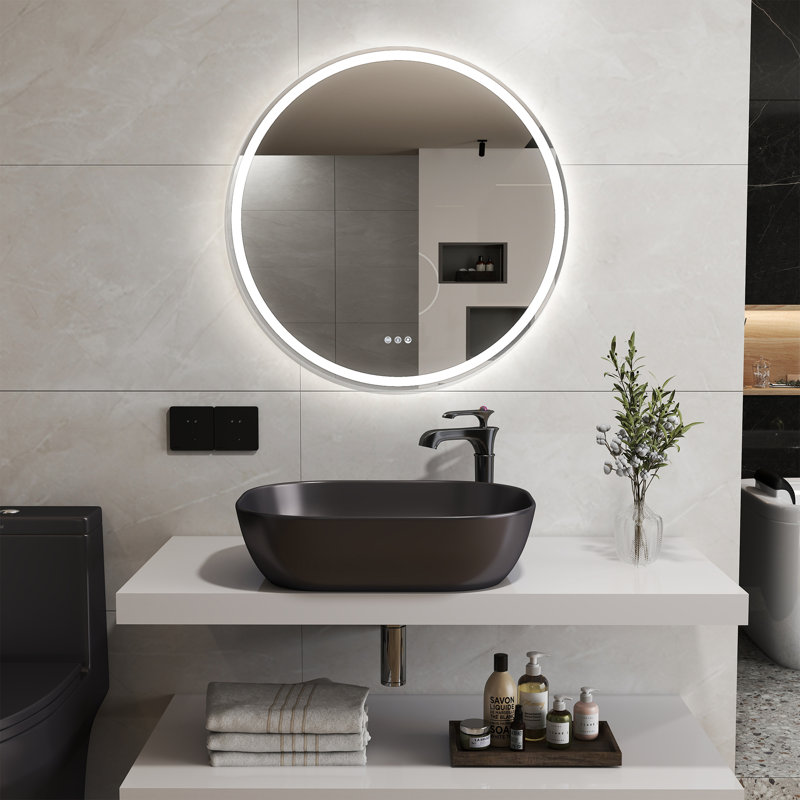 Round LED Bathroom Vanity Mirror with Front & Back Light, Anti-Fog, Dimmable, 3 Color Temperatures, Plug-in/Hardwired, Frameless Silver Mirror (24")