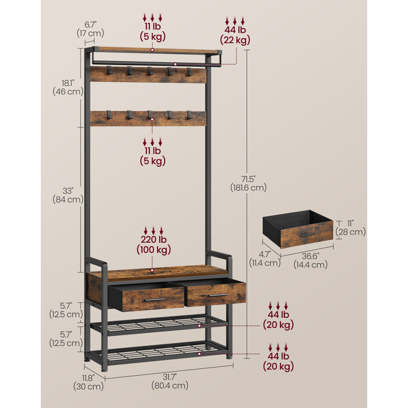 Hall Tree 80cm Wide with Shoe Storage, Brown