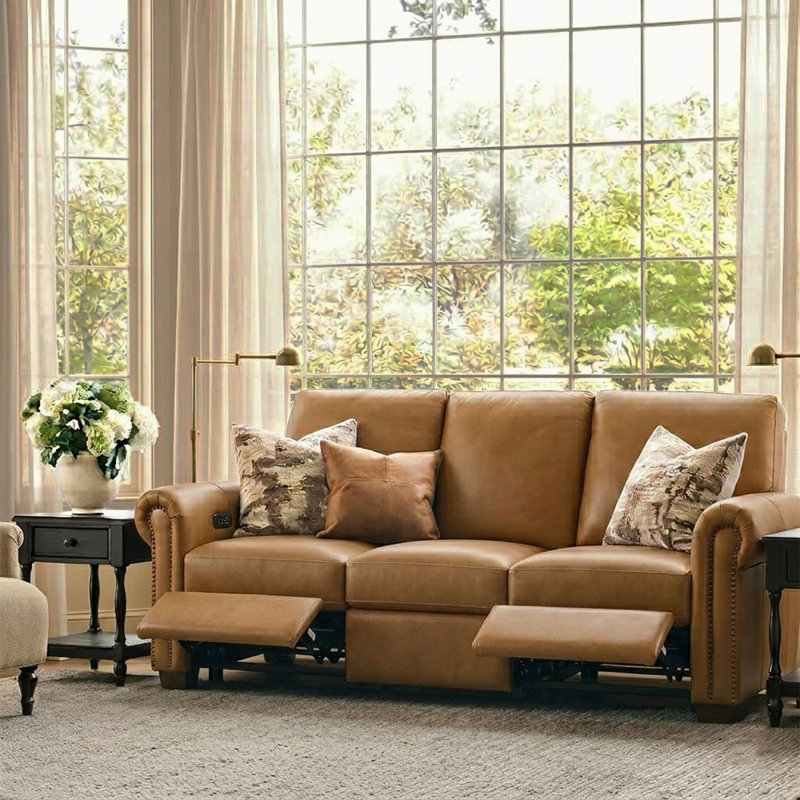 Canapé inclinable électrique en cuir véritable rembourré de duvet synthétique 86,25 po, Chameau
