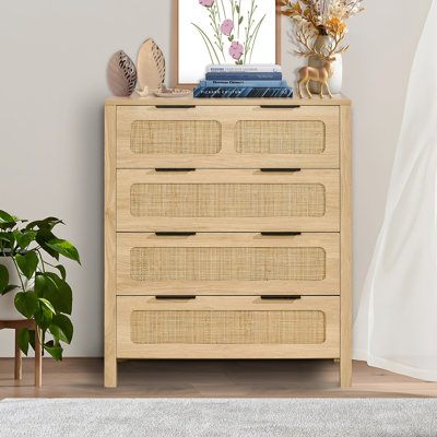 4 Drawer Rattan Dresser, Boho Dresser, Rattan Chest of Drawers with Spacious Storage, Natural Rattan Dresser