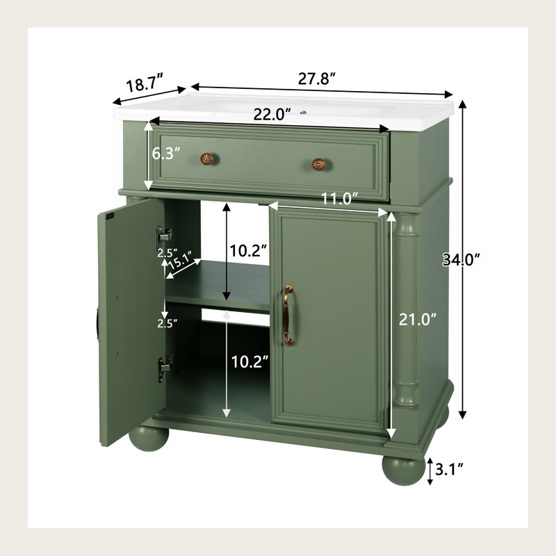 Meuble-lavabo 28 po Mid-Century avec lavabo, structure en bois massif et poignées en métal, Vert, 28"