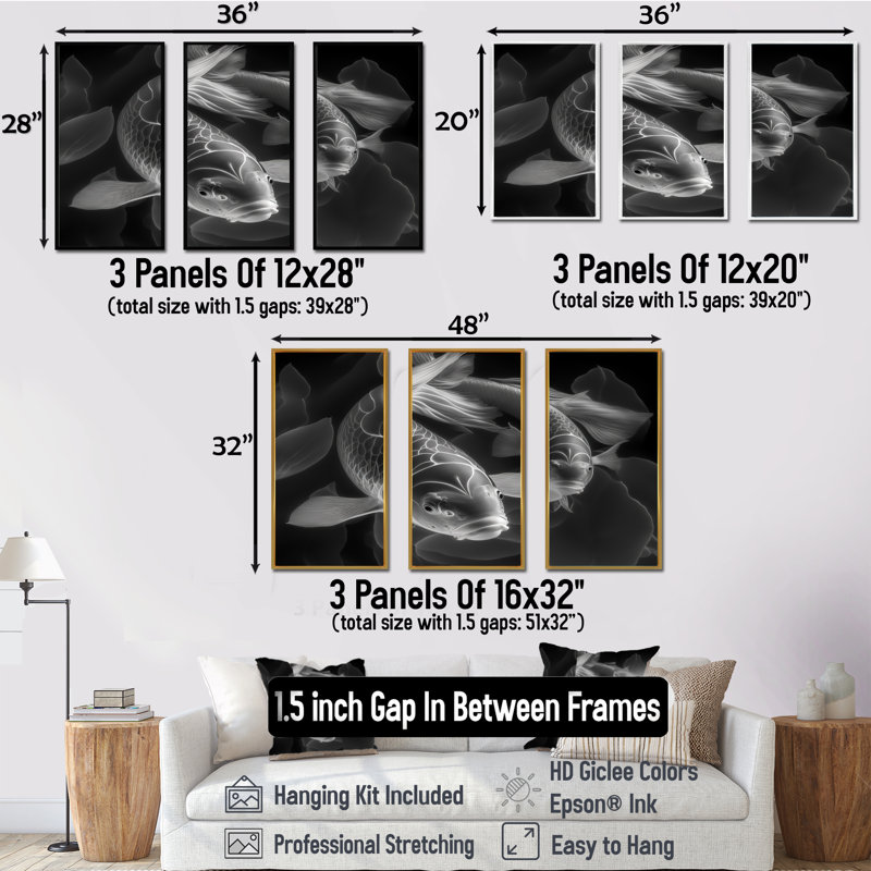 Mono Koi Fish - 3 pièces sur toile, H 20 po x l 36 po x P 1 po, Cadre flottant blanc