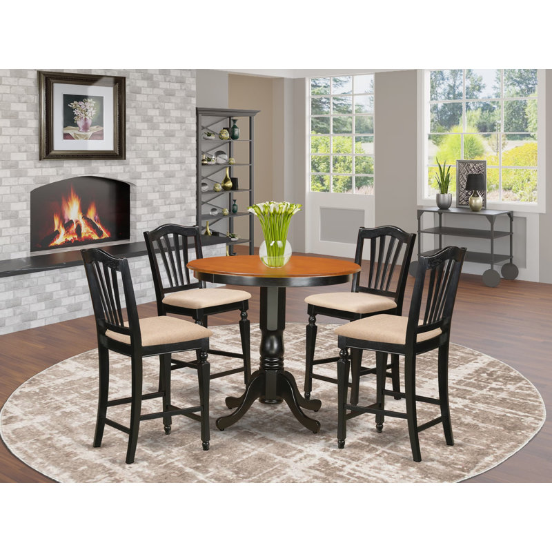 Ensemble de comptoir de cuisine 5 pièces comprenant une table de salle à manger ronde avec piédestal et 4 chaises de salle à manger rembourrées en tissu de lin, 36 po x 36 po, noir et cerisier