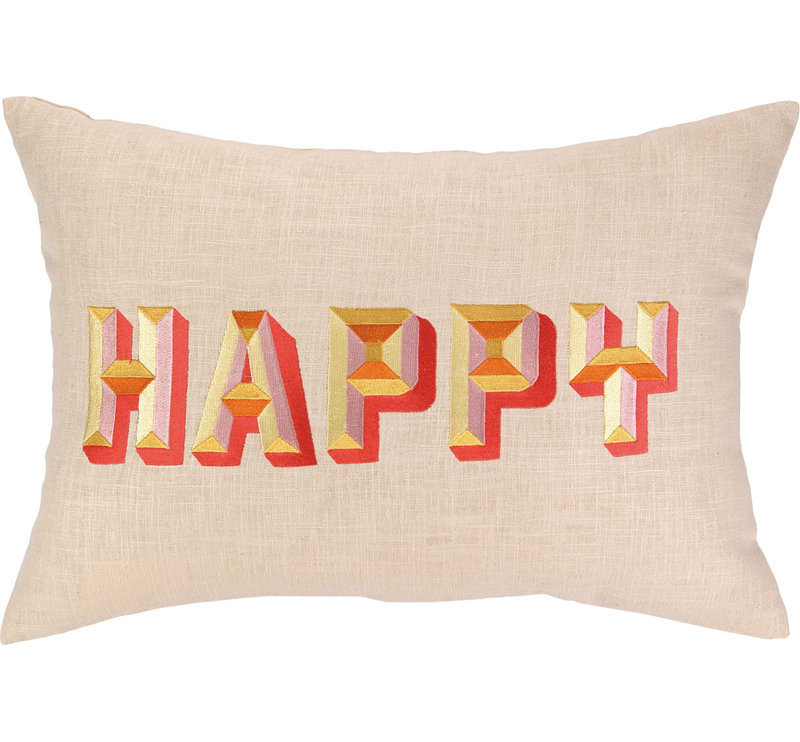 Coussin lombaire en lin brodée happy