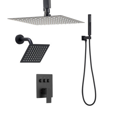 Ensemble de robinet de douche, système de douche à pluie au plafond de 10 pouces avec tête de fixation murale de 6 pouces et douchette portative 2 en 1, valve rotative à double fonction en laiton à 3 fonctions et ensemble de garniture, nickel brossé