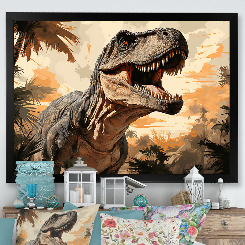 Portrait de trex rétro jurassique I - art de mur de dinosaure, Cadre d'angle fermé noir, H 24 po x l 32 po x P 1 po