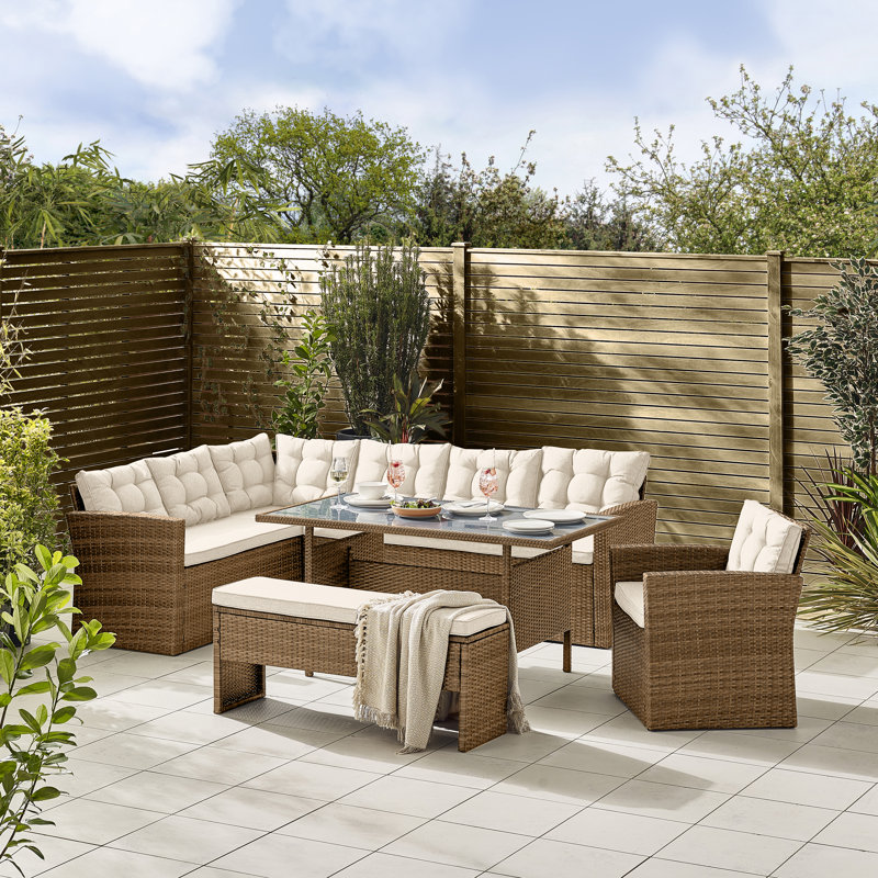 Deklan 9 Seater Garden Dining Set - PE Rattan Corner Sofa Lounge Set Modern Patios (Cover Included), Natural/Beige
