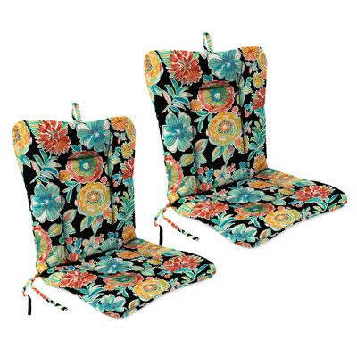 21" x 38" Colsen Noir Black Floral Outdoor Chair Cushion with Ties and Hanger Loop (Set of 2)